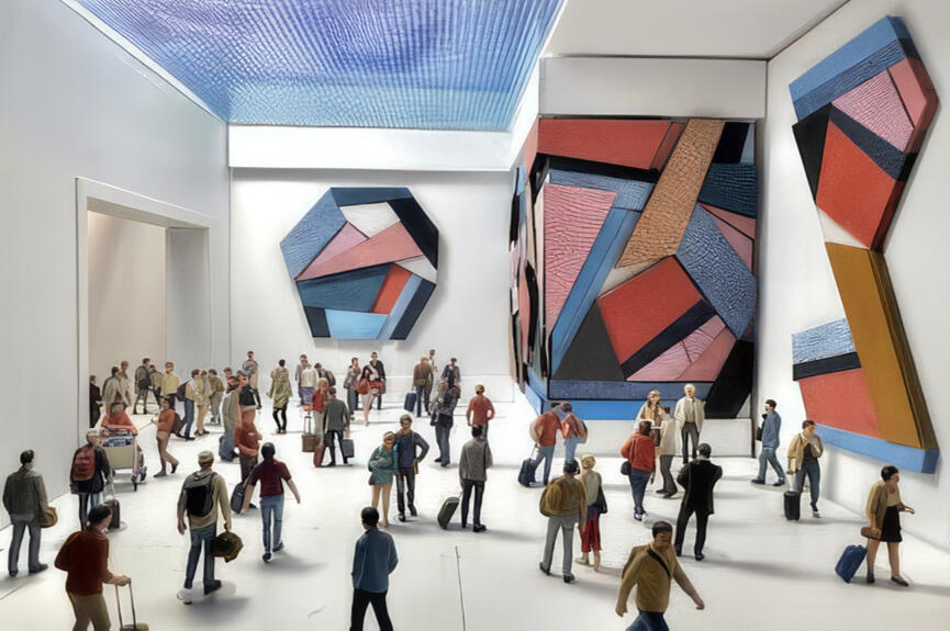 Tulip Fields Reimagined From Above. Mixed Media. Each Standalone Piece Approx 16' High. Full Wall Wrap 33' Long x 21' Tall